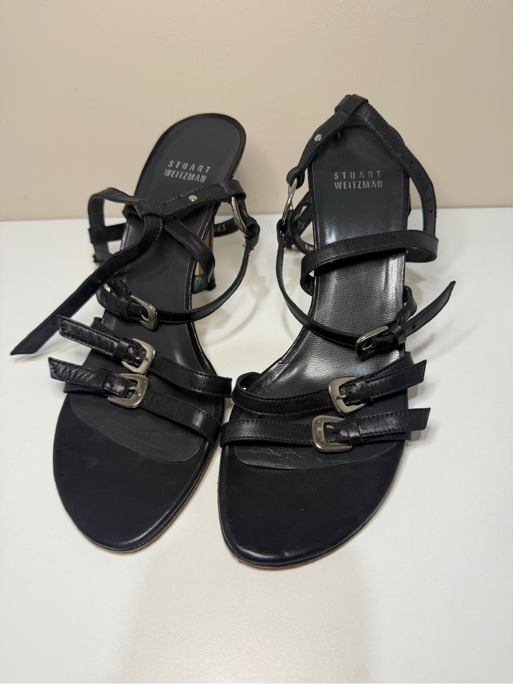 Stuart Weitzman Black Strappy Leather Buckle Sandals